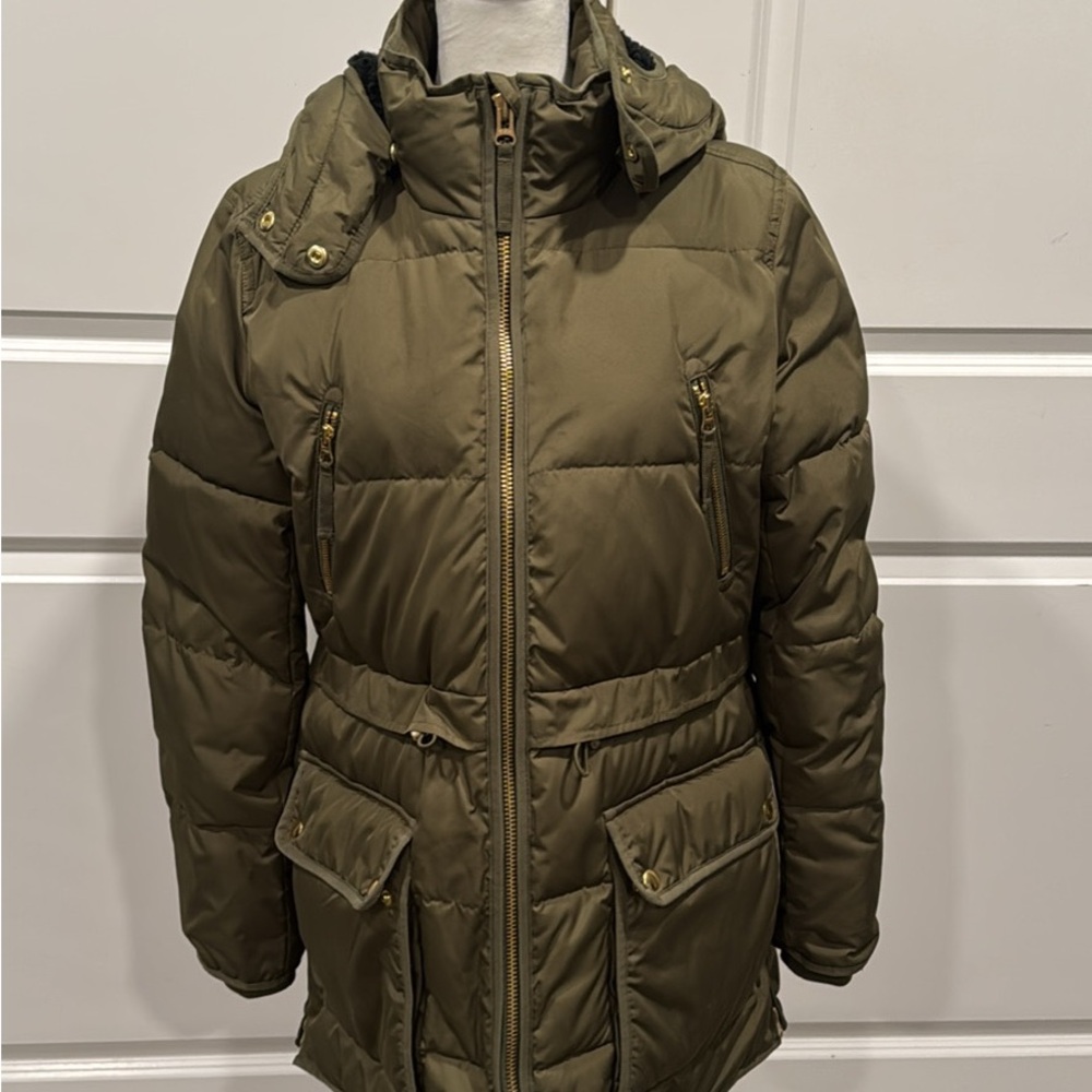 J.Crew Olive Green Puffer Coat with Hood